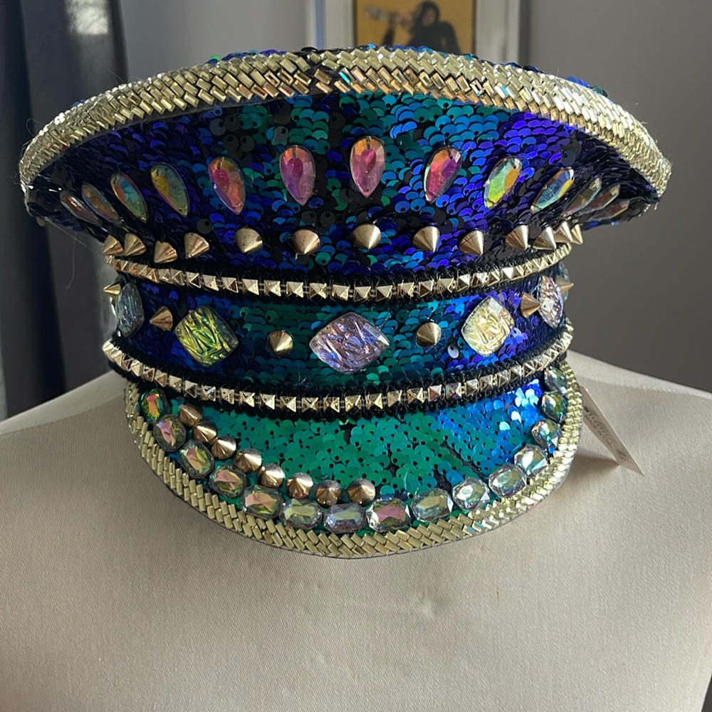 Steampunk Burning Man flip Sequin Captains Hat blue/gold